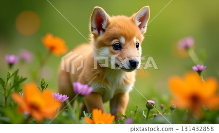 Cute puppy exploring a flower garden during a sunny day in springtime with vibrant blossoms around it 131432858