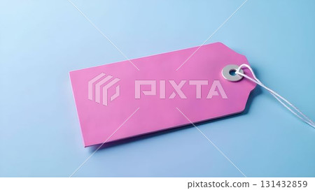 Colorful pink tag on a soft blue background showcases simple design elements for creative labeling purposes 131432859