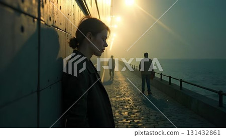 Man and woman walk along a coastal path during sunset with reflections on the water and serene atmosphere 131432861