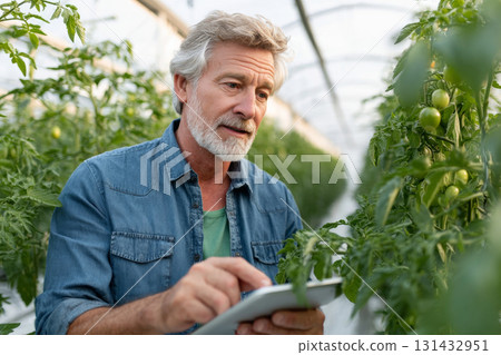 Elderly man using digital tablet while inspecting tomatoes in lush greenhouse garden Elderly man using digital tablet while inspecting tomatoes in lush greenhouse garden 131432951