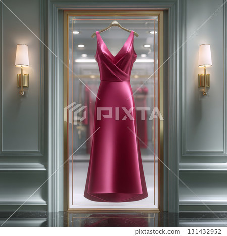 Elegant pink satin dress on hanger in upscale boutique with soft lighting Elegant pink satin dress on hanger in upscale boutique with soft lighting 131432952