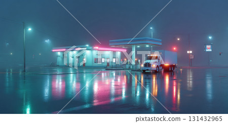 Long-haul truck parked at neon-lit gas station at night in rainy conditions creating colorful reflections 131432965