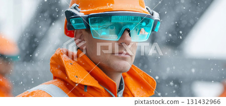 Closeup portrait of a male offshore engineer wearing augmented reality goggles and orange safety gear in snowy industrial environment 131432966