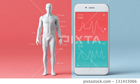 A human figure anatomical model on the left side against a red background, and a smartphone displaying health tracking data on the right side against a blue background. 131433066