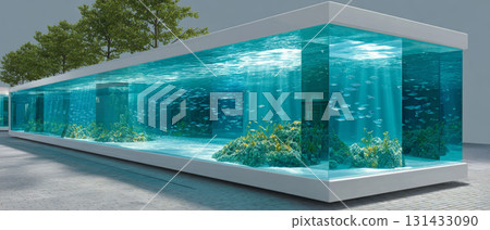 A large, transparent aquarium filled with water and various marine life, including fish and plants. 131433090