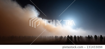 A large crowd of people gathered in a darkened area at night. There is a significant amount of smoke or fog rising from the ground, creating an atmospheric effect. A large crowd of people gathered in a darkened area at night. There is a significant amount of smoke or fog rising from the ground, creating an atmospheric effect. 131433094