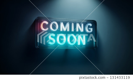 Illuminated futuristic 'Coming Soon' neon sign glowing in blue and pink with dark gradient background Illuminated futuristic 'Coming Soon' neon sign glowing in blue and pink with dark gradient background 131433119