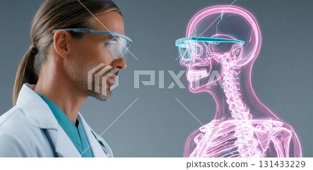 A man in a lab coat standing between two 3D renderings of human heads. One head is transparent while the other has a pinkish hue, suggesting a medical or scientific context. 131433229