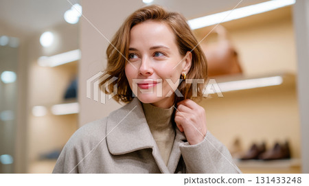 Stylish woman in coat smiling while shopping in fashion boutique interior 131433248