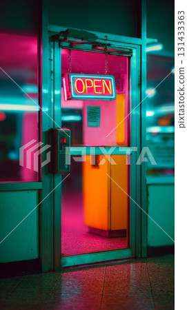 Open neon sign glowing in vibrant red and yellow above vintage metal frame door 131433363