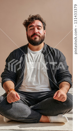 Plus-size Middle Eastern man meditating with closed eyes in cross-legged position on floor indoors 131433379