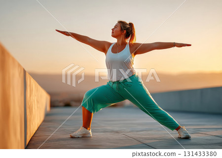 Plus-size woman performing yoga pose at golden hour on rooftop with soft light and scenic mountain view 131433380