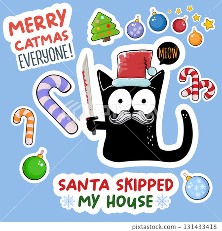 Merry Christmas greeting card or banner with Black cat with Santa hat holding bloody knife, quotes, candy, balls, tree,stars ,snowflakes isolated on white background. Christmas concept illustration Merry Christmas greeting card or banner with Black cat with Santa hat holding bloody knife, quotes, candy, balls, tree,stars ,snowflakes isolated on white background. Christmas concept illustration 131433418