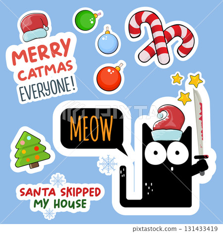 Merry Christmas greeting card or banner with Black cat with Santa hat holding bloody knife, quotes, candy, balls, tree,stars ,snowflakes isolated on white background. Christmas concept illustration Merry Christmas greeting card or banner with Black cat with Santa hat holding bloody knife, quotes, candy, balls, tree,stars ,snowflakes isolated on white background. Christmas concept illustration 131433419