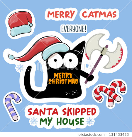 Merry Christmas greeting card or banner with Black cat with Santa hat holding bloody knife, quotes, candy, balls, tree,stars ,snowflakes isolated on white background. Christmas concept illustration Merry Christmas greeting card or banner with Black cat with Santa hat holding bloody knife, quotes, candy, balls, tree,stars ,snowflakes isolated on white background. Christmas concept illustration 131433423