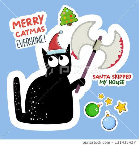 Merry Christmas greeting card or banner with Black cat with Santa hat holding bloody knife, quotes, candy, balls, tree,stars ,snowflakes isolated on white background. Christmas concept illustration 131433427