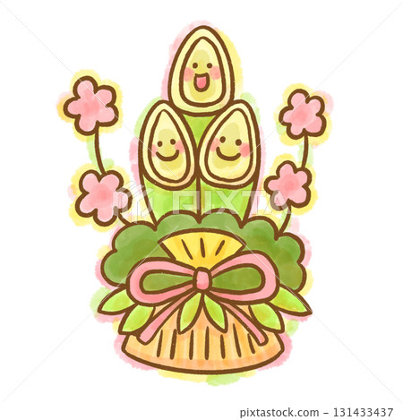 Cute Kadomatsu character illustration (New Year's, New Year's card material, watercolor style) Cute Kadomatsu character illustration (New Year's, New Year's card material, watercolor style) 131433437