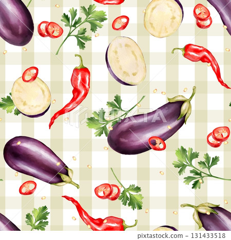Seamless pattern featuring whole eggplants, eggplant slices, red chili peppers, and fresh parsley over light checkered background 131433518