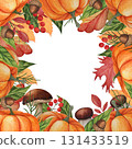 Watercolor colorful decorative square frame with autumn leaves, pumpkins, acorns and mushrooms isolated on white background. Perfect for Thanksgiving and Halloween card template with space for text 131433519