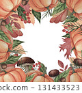Watercolor colorful decorative square frame with autumn leaves, pumpkins, acorns and mushrooms isolated on white background. Perfect for Thanksgiving and Halloween card template with space for text 131433523