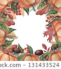 Watercolor colorful decorative square frame with autumn leaves, pumpkins, acorns and mushrooms isolated on white background. Perfect for Thanksgiving and Halloween card template with space for text 131433524