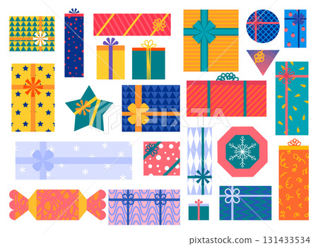 Cartoon Color Different Christmas Gift Boxes Set Xmas Celebration Concept Flat Design Style. Vector illustration of Present Cartoon Color Different Christmas Gift Boxes Set Xmas Celebration Concept Flat Design Style. Vector illustration of Present 131433534