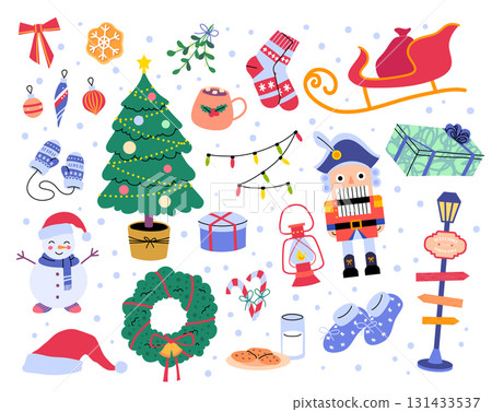 Cartoon Color Christmas with Winter Elements Set Holiday Concept Flat Design Style. Vector illustration of Nutcracker, Snowman, Fir and Wreath Cartoon Color Christmas with Winter Elements Set Holiday Concept Flat Design Style. Vector illustration of Nutcracker, Snowman, Fir and Wreath 131433537