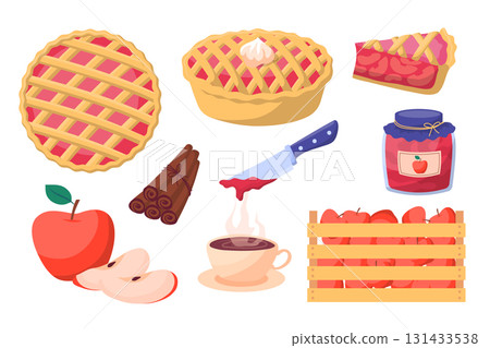 Cartoon Color Apple Pie Set Include of Box of Apples, Cut Piece, Cinnamon and a Cup of Tea Flat Design Style. Vector illustration 131433538