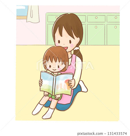 Illustration of a smiling nursery teacher reading a picture book to a child on her lap / with background (nursery school, kindergarten, childcare support) 131433574