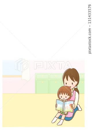 Illustration of a nursery teacher reading a picture book to a child on her lap / Copy space available (nursery school, kindergarten, childcare support) 131433576