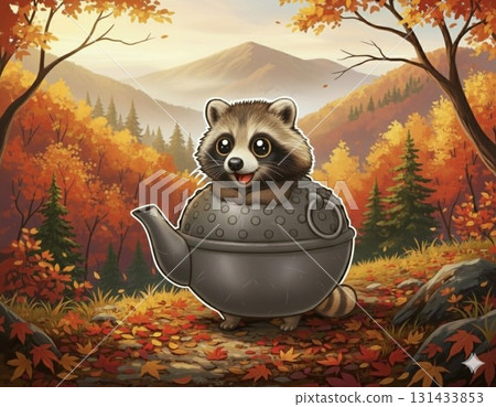 Raccoon dog and autumn mountains and fields Raccoon dog and autumn mountains and fields 131433853