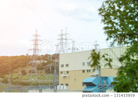 Hydroelectric Dam Power Generation, Electricity Transmission Lines, Rural Landscape. 131433959