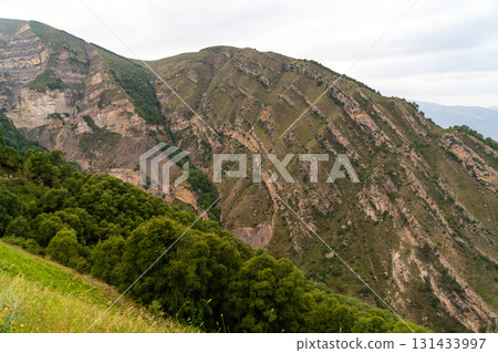 Caucasian mountain. Dagestan. Trees, rocks, mountains, view of the green mountains. Beautiful summer landscape. Caucasian mountain. Dagestan. Trees, rocks, mountains, view of the green mountains. Beautiful summer landscape. 131433997