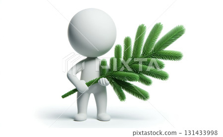 3D white figure cartoon holding a pine branch, on a white background. Christmas time 131433998