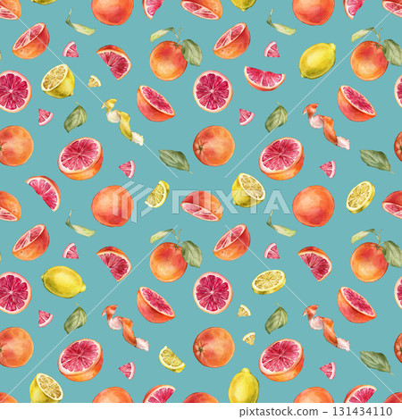 Seamless pattern with watercolor illustration of grapefruit and lemon and orange with white flowers. Hand painted print with citrus branch with green leaves for wrapping paper, textile design Seamless pattern with watercolor illustration of grapefruit and lemon and orange with white flowers. Hand painted print with citrus branch with green leaves for wrapping paper, textile design 131434110