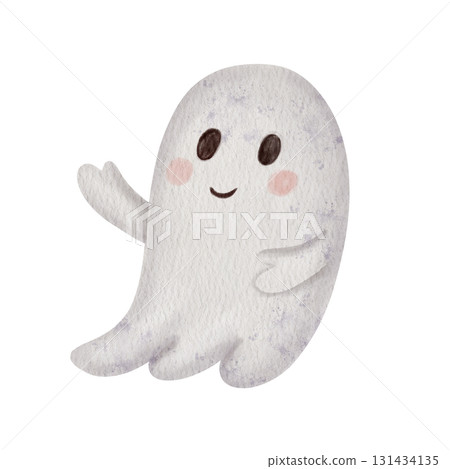 Cute cartoon ghost, smiling brightly. Hand drawn sweet watercolor character. Ideal for childrens Halloween invitations and decoration. Cute cartoon ghost, smiling brightly. Hand drawn sweet watercolor character. Ideal for childrens Halloween invitations and decoration. 131434135