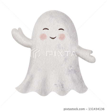 Little ghost with a cute smile. Hand painted Watercolor friendly spooky character isolated on a background. Perfect for Halloween festivities, childrens party invites, posters, and greeting cards. Little ghost with a cute smile. Hand painted Watercolor friendly spooky character isolated on a background. Perfect for Halloween festivities, childrens party invites, posters, and greeting cards. 131434136