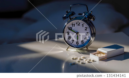 An alarm clock and sleeping pills on a bedside table in the dark. 131434141
