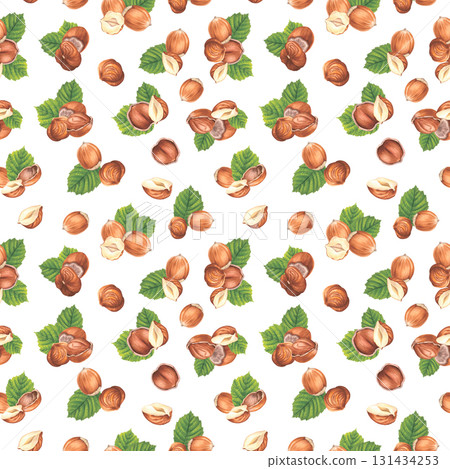 Seamless pattern with hazelnuts and green leaves. Hand drawn watercolor illustration of forest nuts on white background. Drawing of filbert for food packaging, restaurant menu or kitchen wallpaper. 131434253