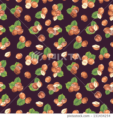 Seamless pattern with hazelnuts and green leaves. Hand drawn watercolor illustration of forest nuts on dark purple background. Drawing of filbert for food packaging, restaurant menu, kitchen wallpaper 131434254