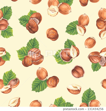 Seamless pattern with hazelnuts and green leaves. Hand drawn watercolor illustration of forest nuts on beige background. Drawing of filbert for food packaging, restaurant menu or kitchen wallpaper. Seamless pattern with hazelnuts and green leaves. Hand drawn watercolor illustration of forest nuts on beige background. Drawing of filbert for food packaging, restaurant menu or kitchen wallpaper. 131434256
