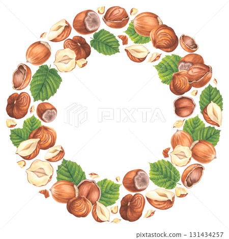 Shelled hazelnuts and chopped pieces with green leaves. Hand drawn watercolor illustration of forest filbert nuts on isolated background. Circle frame for label, packaging design. Healthy organic food Shelled hazelnuts and chopped pieces with green leaves. Hand drawn watercolor illustration of forest filbert nuts on isolated background. Circle frame for label, packaging design. Healthy organic food 131434257