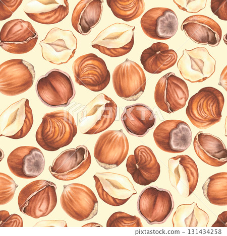 Seamless pattern with peeled and not peeled hazelnuts. Hand drawn watercolor illustration of forest nuts on beige background. Drawing of filbert for food packaging, restaurant menu or wallpaper. 131434258