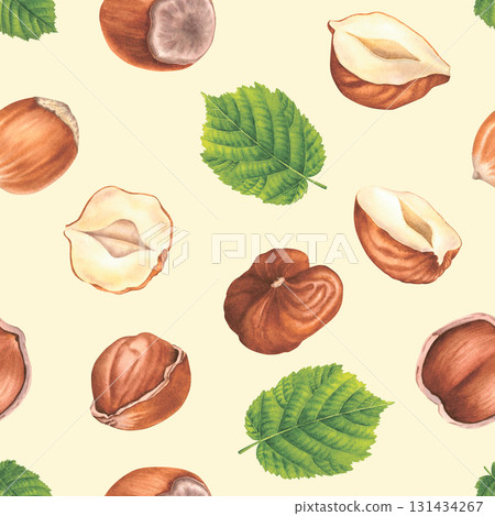 Seamless pattern with hazelnuts and green leaves. Hand drawn watercolor illustration of forest nuts on beige background. Drawing of filbert for food packaging, restaurant menu or kitchen wallpaper. 131434267