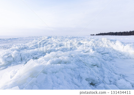 A vast expanse of broken ice and snow stretches to the horizon 131434411