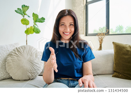 Webcam view young positive woman having video call chat Webcam view young positive woman having video call chat 131434500