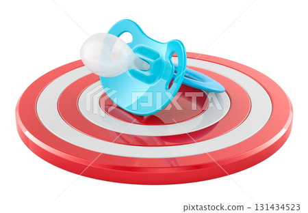 Baby pacifier on red target. Symbolizing child as main goal or priority, 3d rendering 131434523