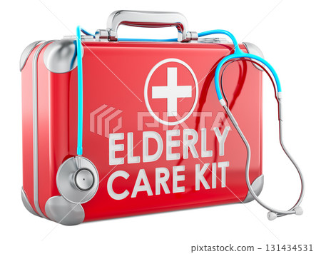 Elderly Care Kit with stethoscope. 3D rendering Elderly Care Kit with stethoscope. 3D rendering 131434531