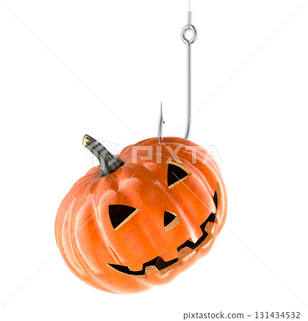 Fish hook with Halloween Pumpkin jack-o-lantern. 3D rendering Fish hook with Halloween Pumpkin jack-o-lantern. 3D rendering 131434532