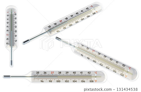 Medical mercury thermometers, multiple angles. 3D rendering Medical mercury thermometers, multiple angles. 3D rendering 131434538